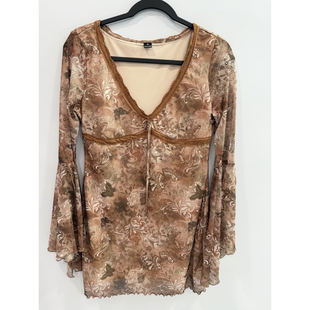 SHEIN Butterfly Floral Mesh Mini Dress Medium Bell Sleeve Fairy Grunge Boho